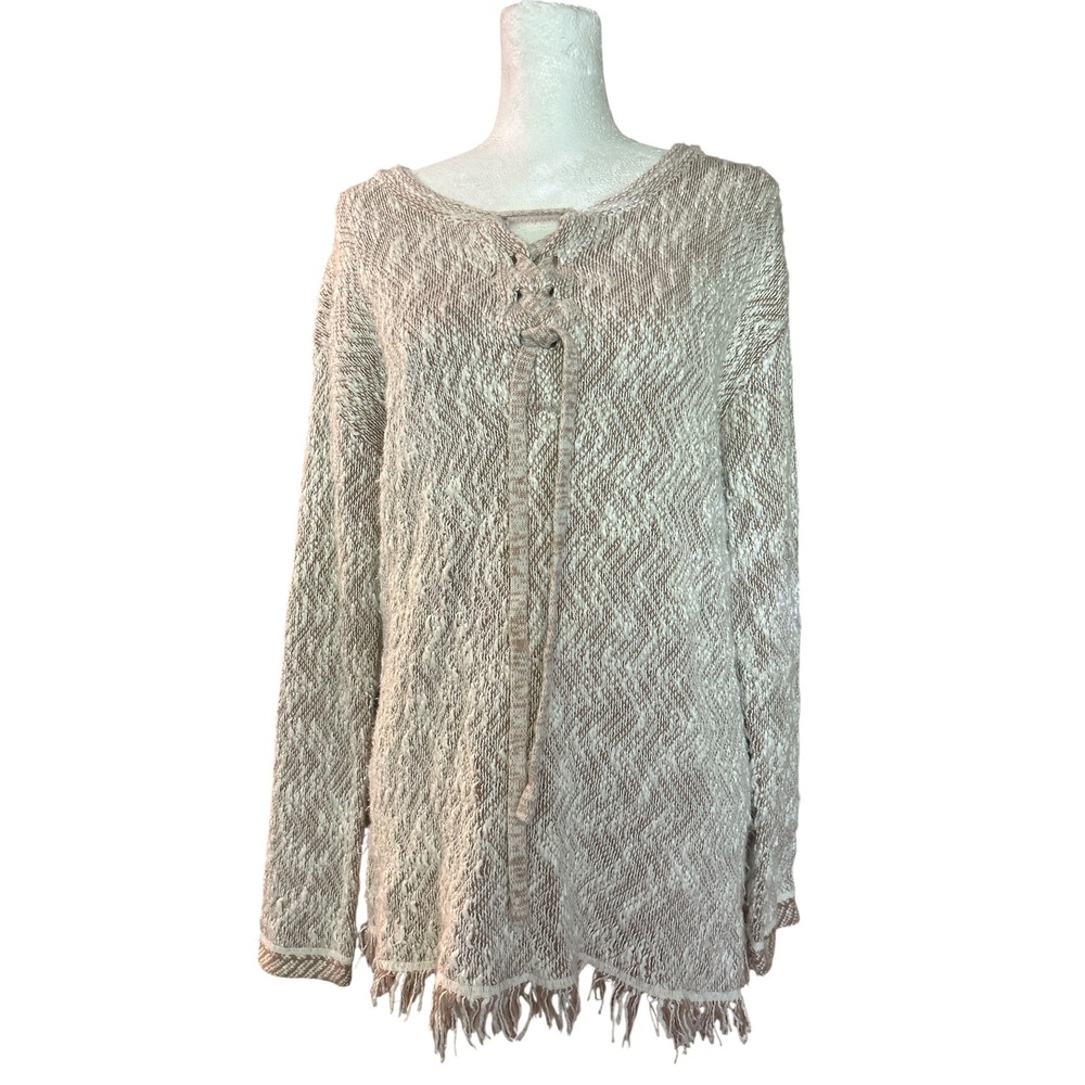 Natural Reflections Women's L Lace Up Knit Tunic Sweater Fringe Hem Tan Beige